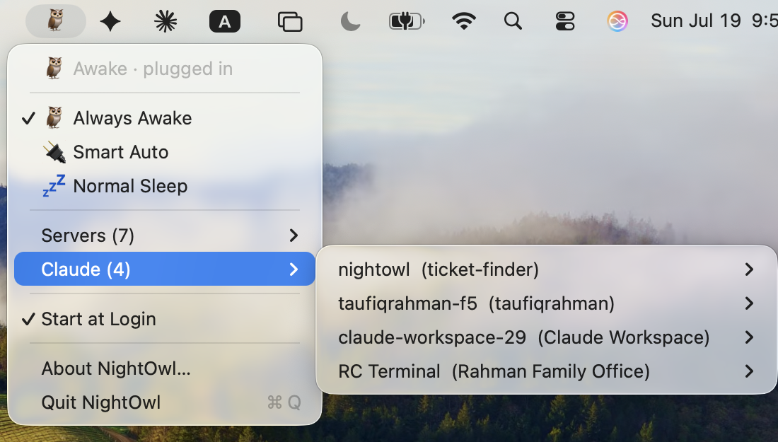 McAwake menu showing sleep status, three modes, a live Servers list with ports, and the Claude Code session switcher expanded
